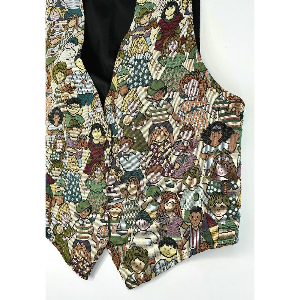 Vintage Children of the World Print Brocade Open Front Vest Teacher Kidcore - Picture 12 of 14